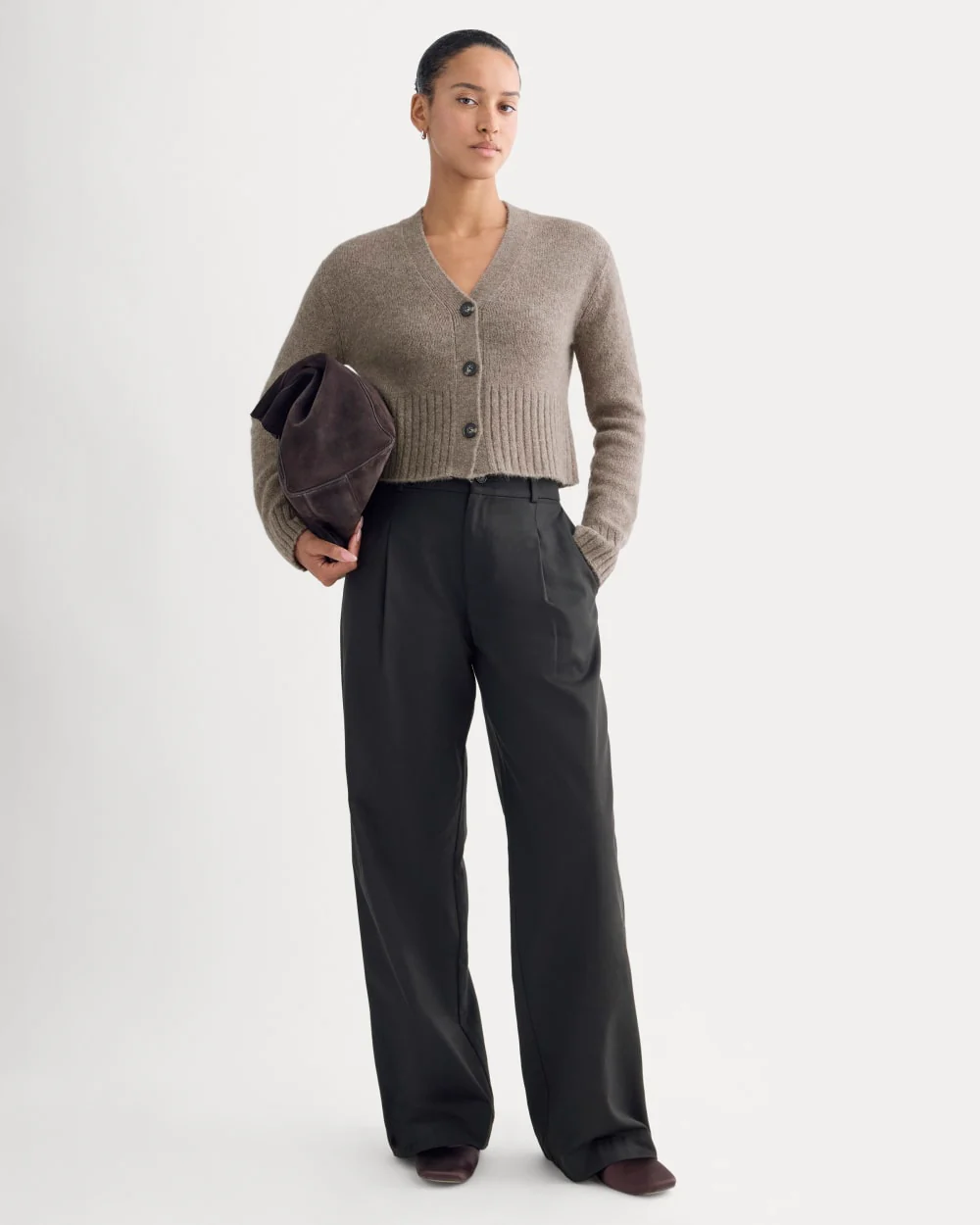 High V Cropped Cardigan in Alpaca | Taupe Melange - Image 5