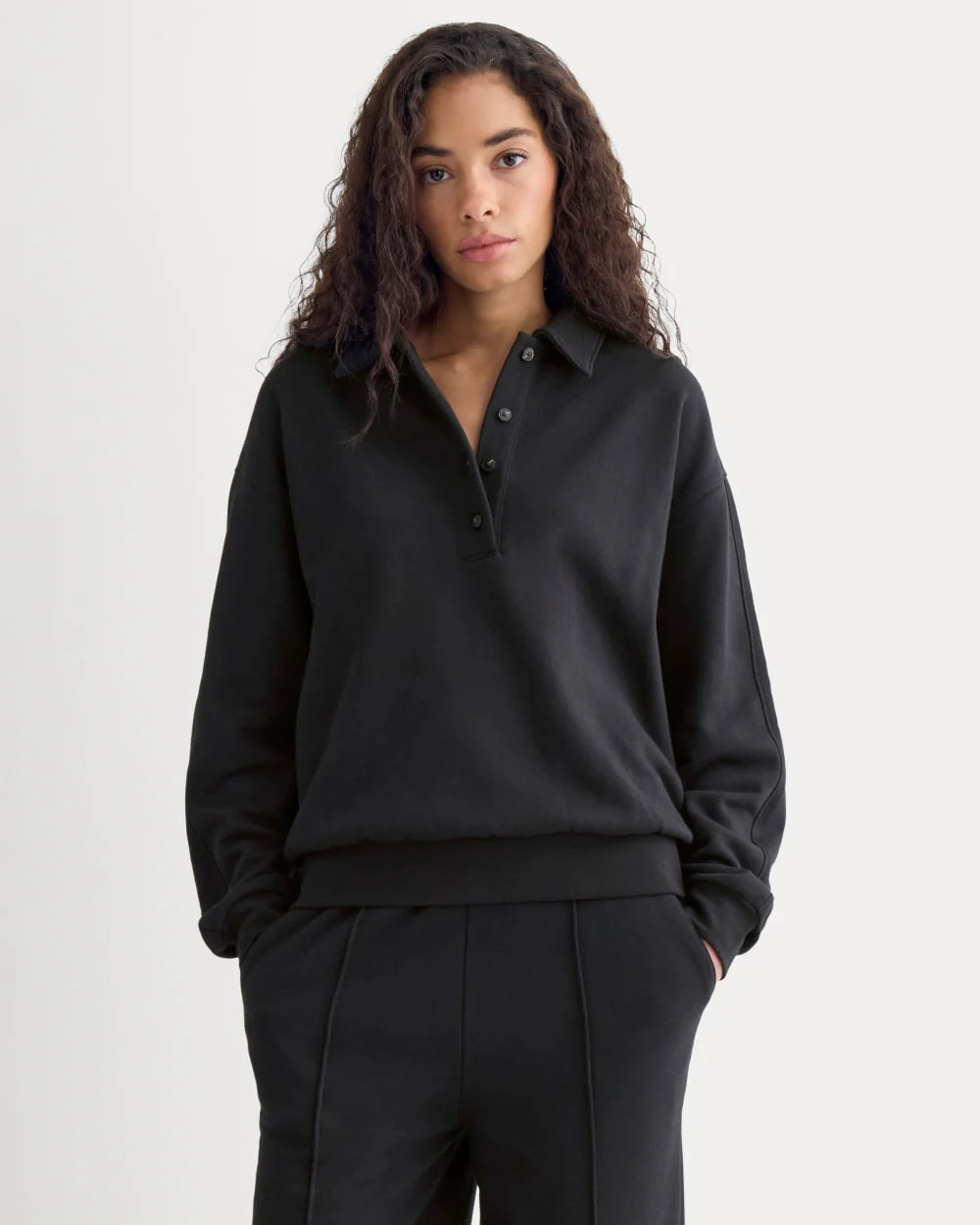 Lightweight Terry Polo Sweatshirt | Black - Image 3