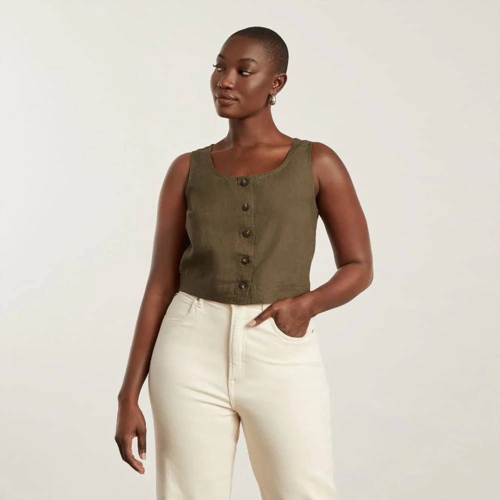 The Linen Button-Front Crop Tank | Beech - Image 2