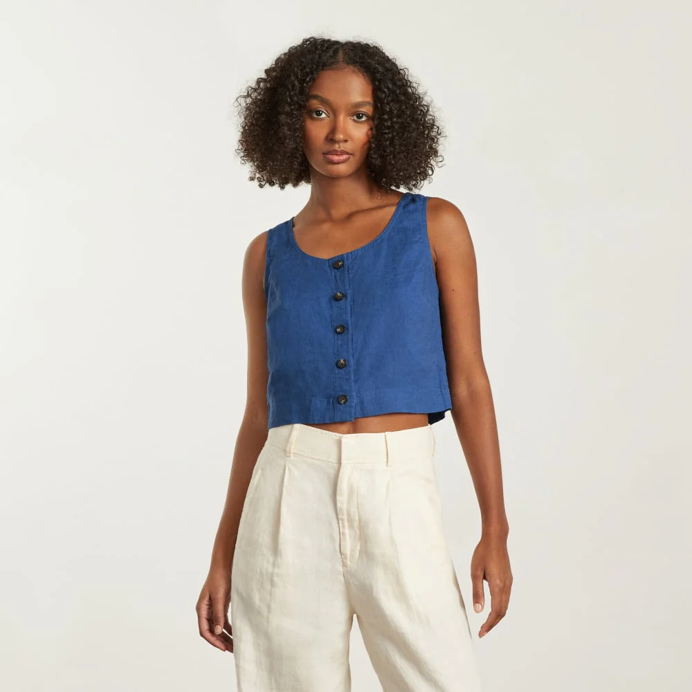 The Linen Button-Front Crop Tank | Deep Blue - Image 2