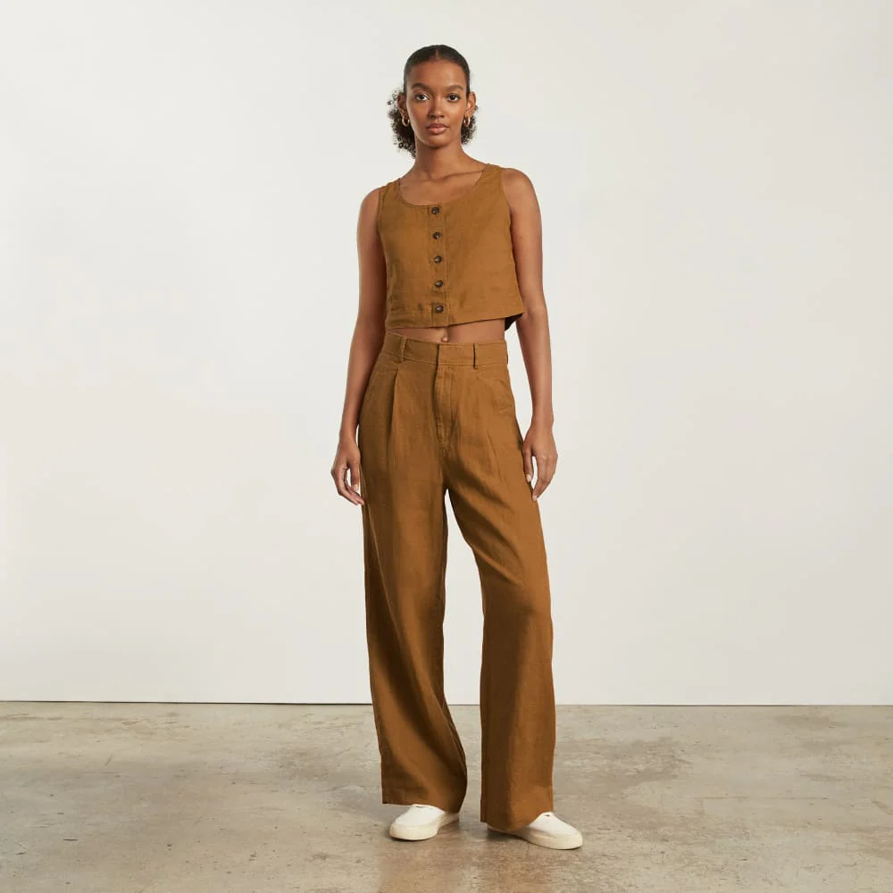 The Linen Button-Front Crop Tank | Tawny Brown - Image 5