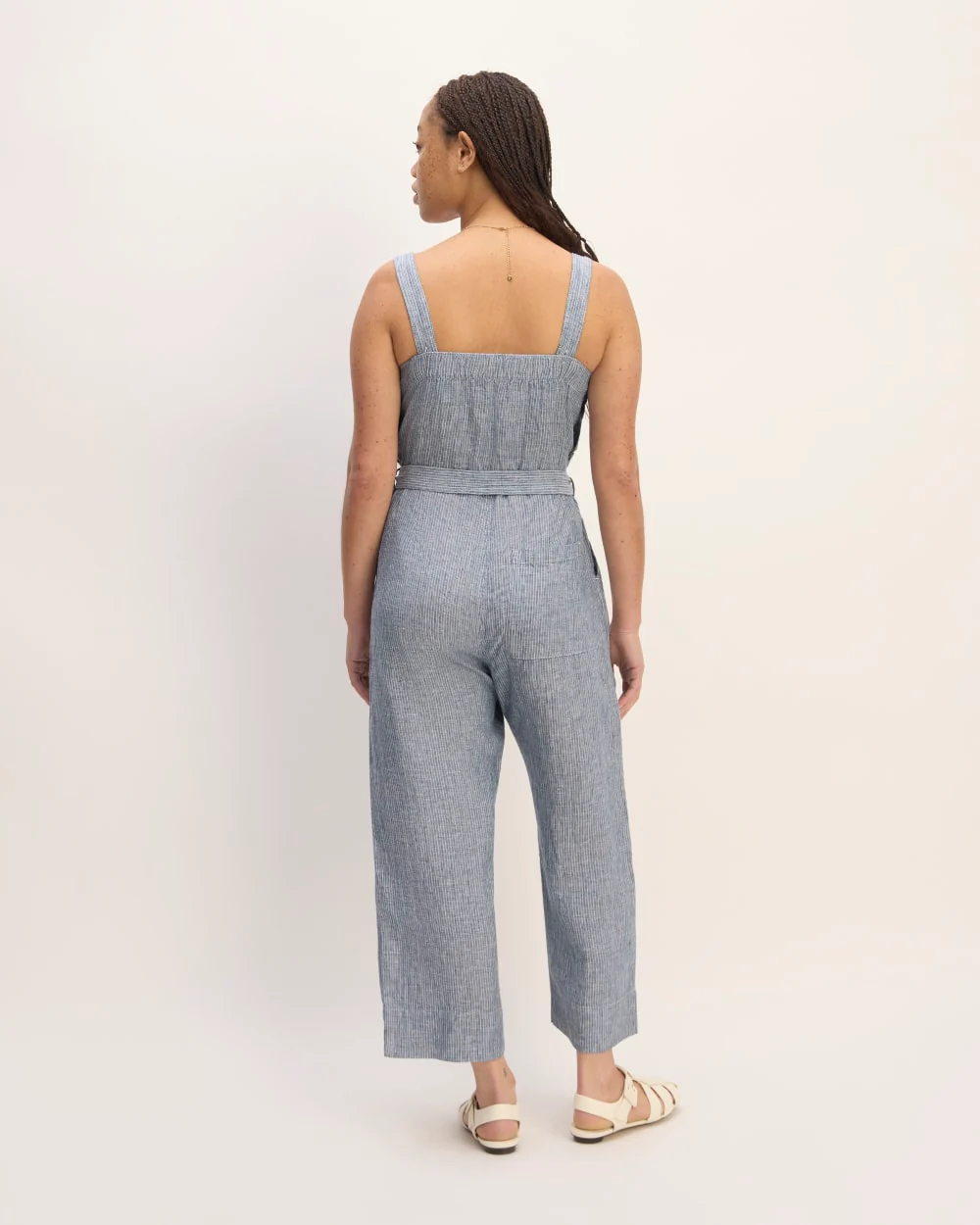 The Linen Side-Button Jumpsuit | White / Blue - Image 6