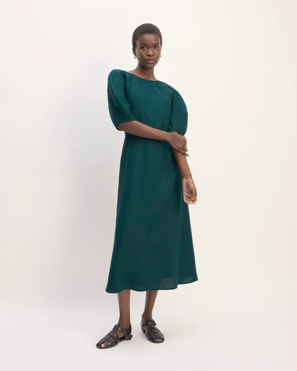 The Linen Short-Sleeve Scoop Midi Dress | Dark Sea