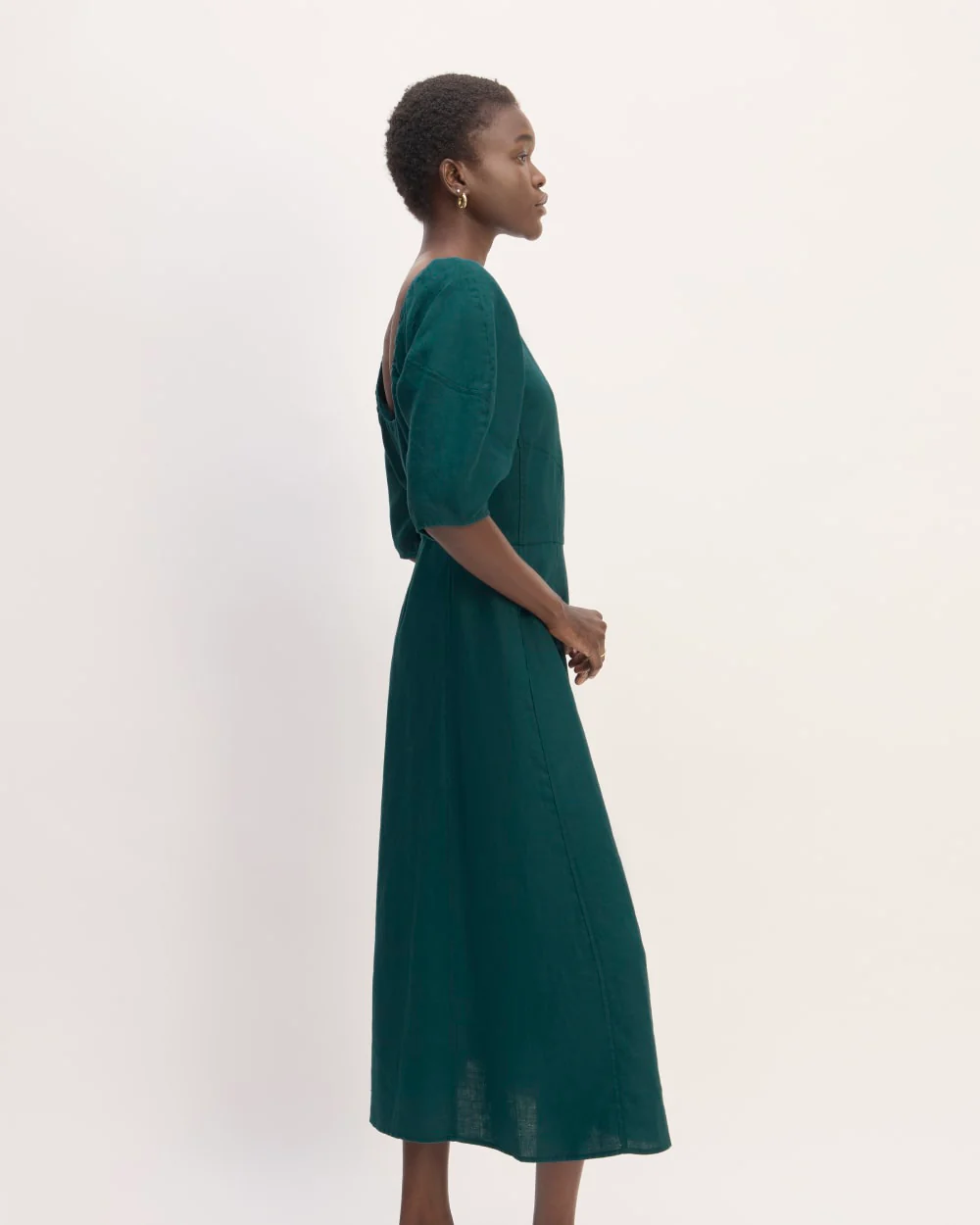 The Linen Short-Sleeve Scoop Midi Dress | Dark Sea - Image 3