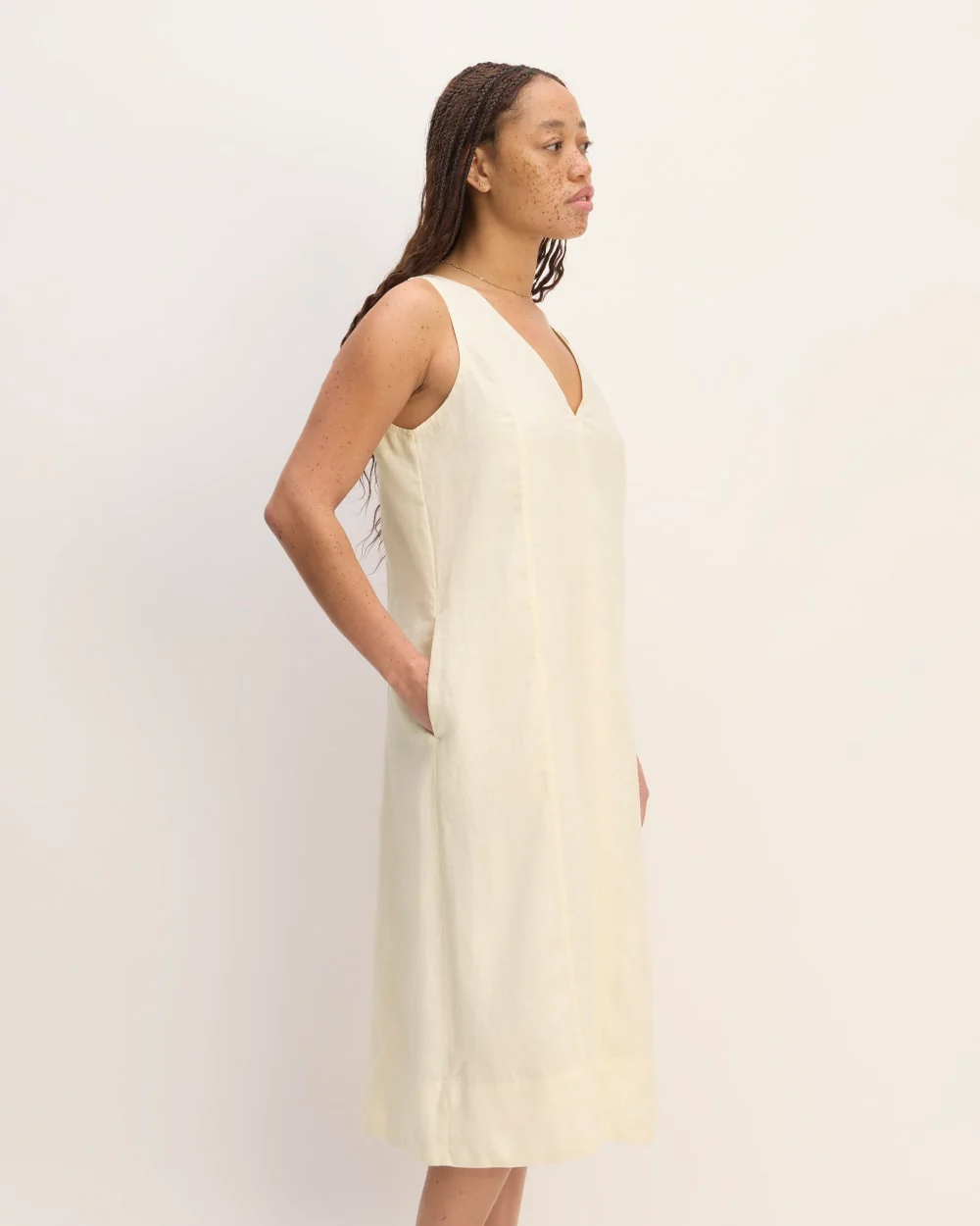 The Linen V-Neck Midi Dress | Bone - Image 3