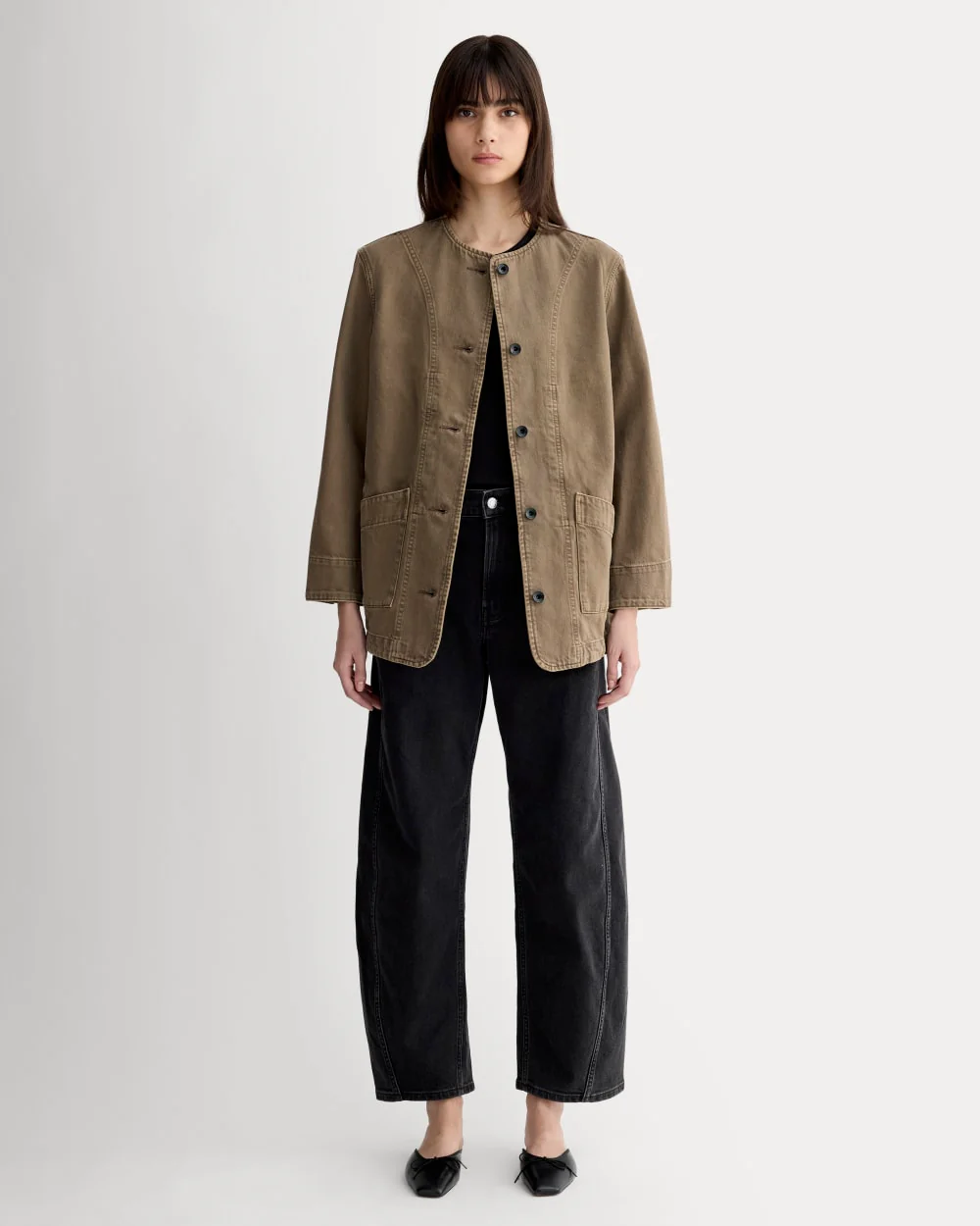The Long Denim Barrel Jacket | Garment-Dyed Chocolate - Image 3