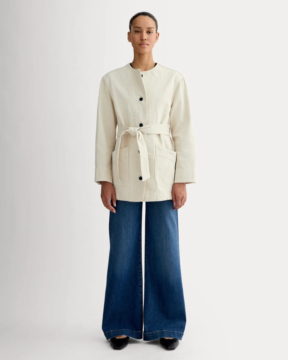 The Long Denim Barrel Jacket | Garment-Dyed Sand - Image 3