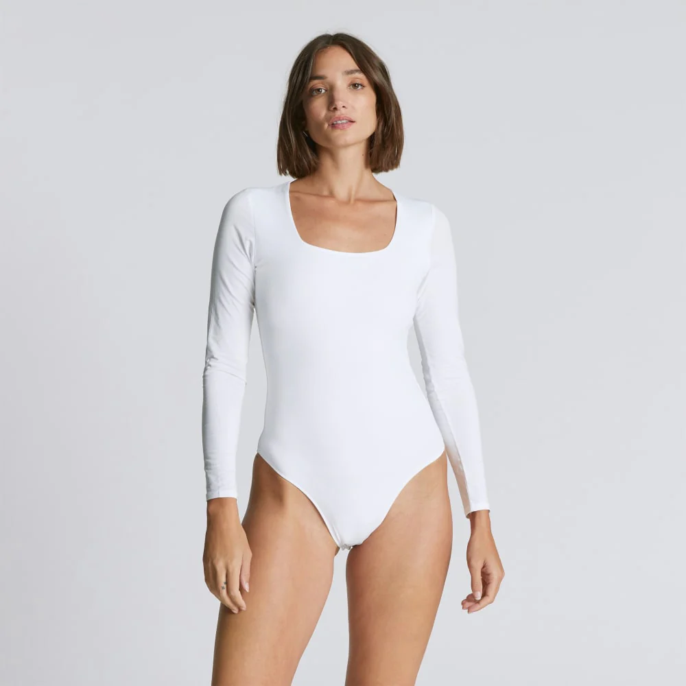 The Long-Sleeve Supima® Square-Neck Bodysuit | White | Bikini - Image 3