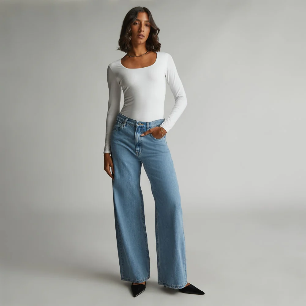 The Long-Sleeve Supima® Square-Neck Bodysuit | White | Thong