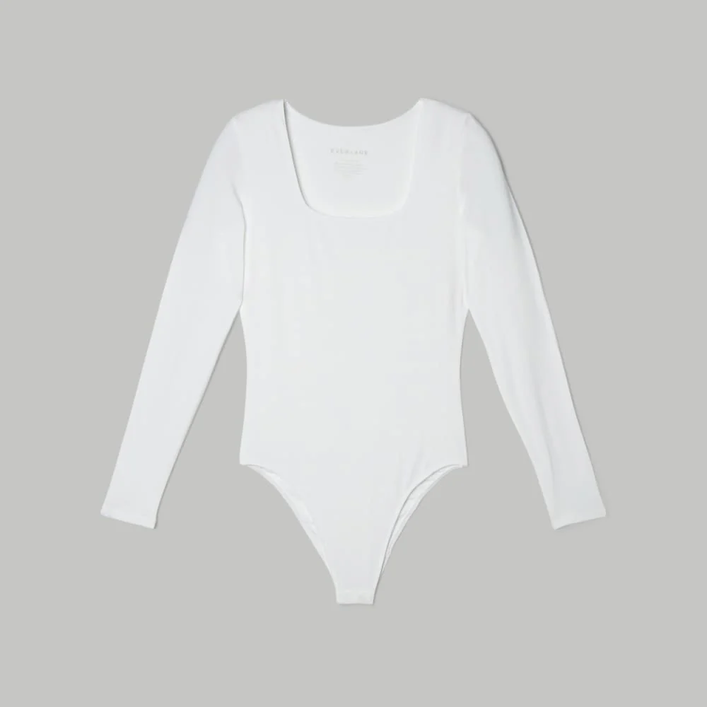The Long-Sleeve Supima® Square-Neck Bodysuit | White | Thong - Image 2