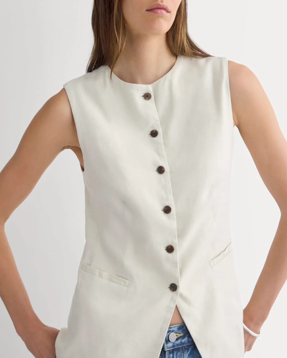Long Vest in Stretch Linen | Birch - Image 4
