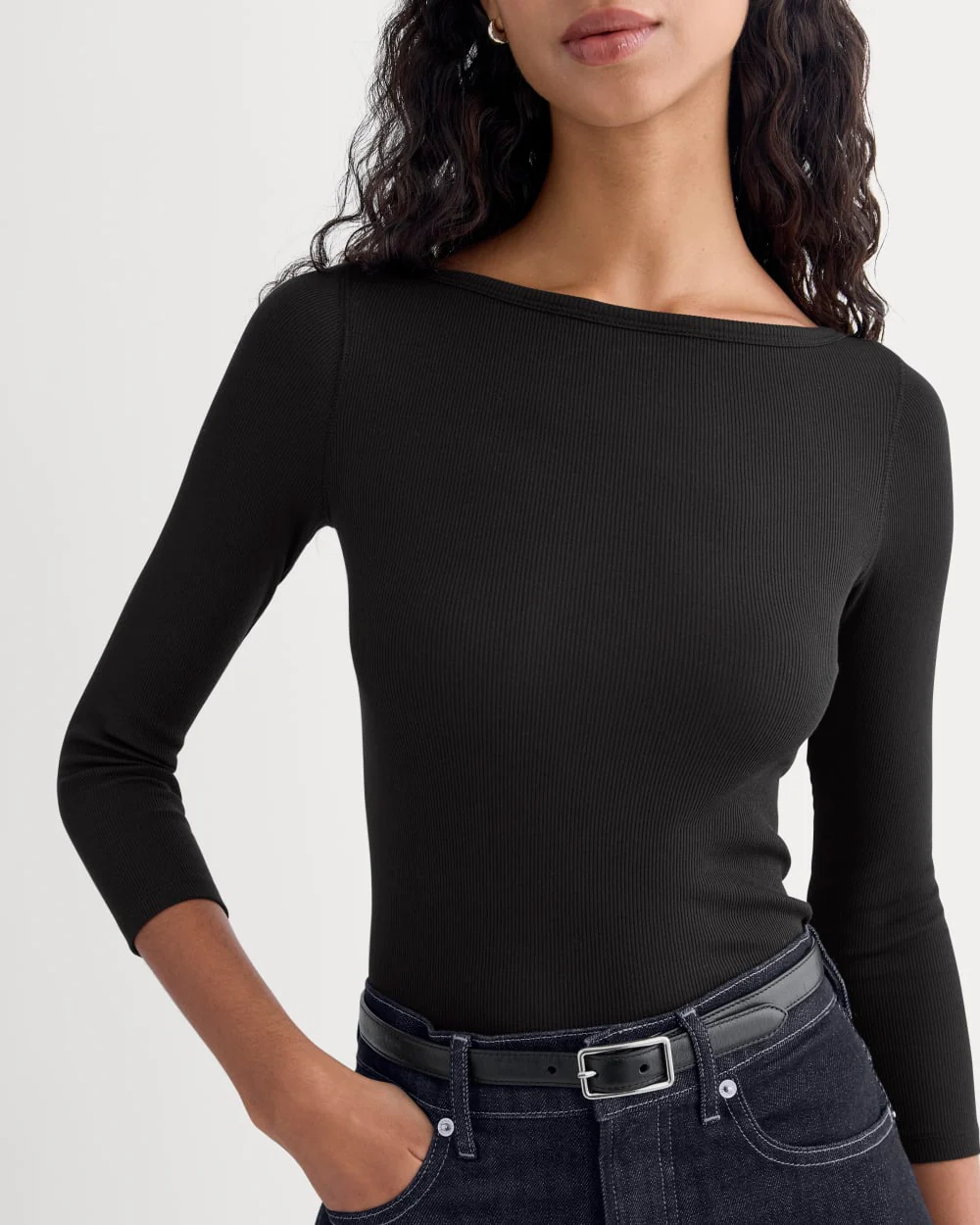 Luxe Rib 3/4 Sleeve Boatneck Tee | Black - Image 4
