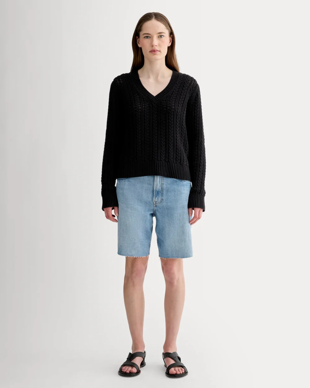 The Mesh Cable V-Neck in Everyday Cotton | Black - Image 3