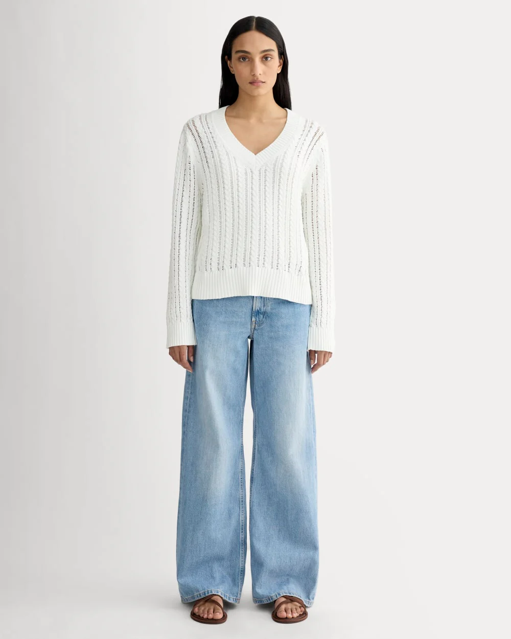 The Mesh Cable V-Neck in Everyday Cotton | White - Image 3