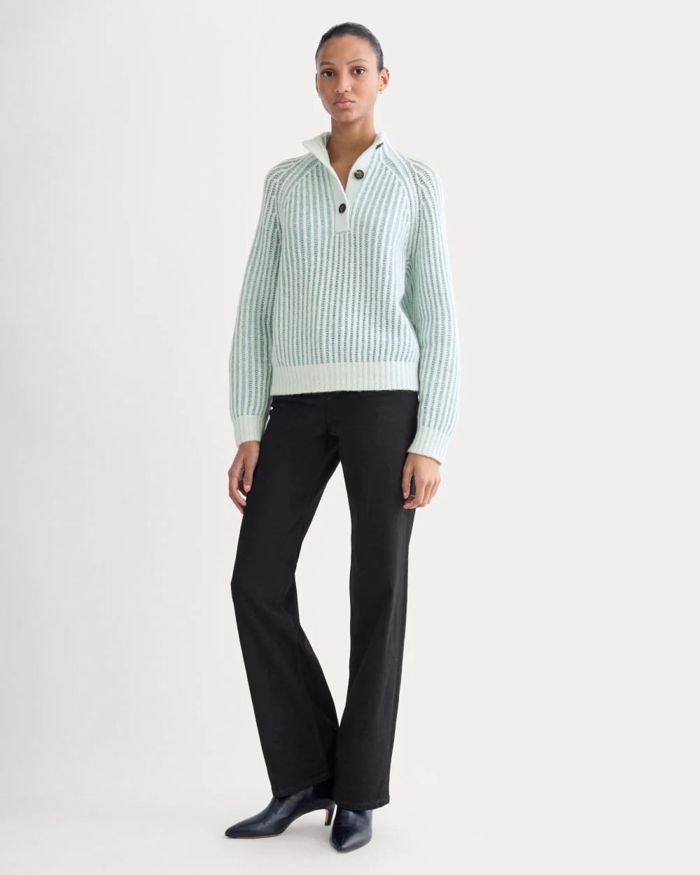 Funnel-Neck Ribbed Henley Sweater | Chalk Blue / Grey Mist Vertical Stripe - Image 6