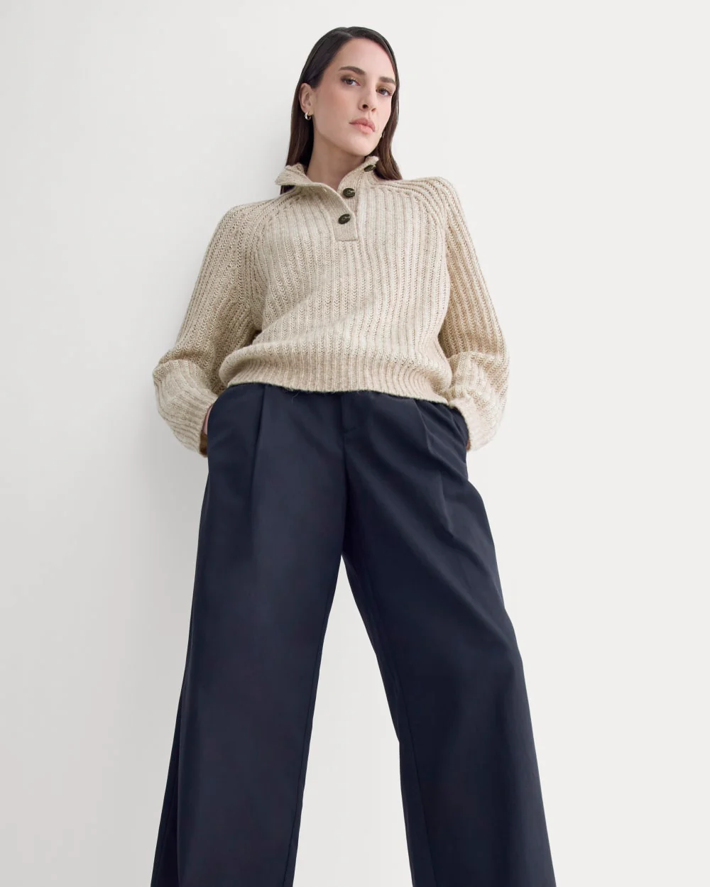 Funnel-Neck Ribbed Henley Sweater | Heathered Almond / Bone Vertical Stripe - Image 5