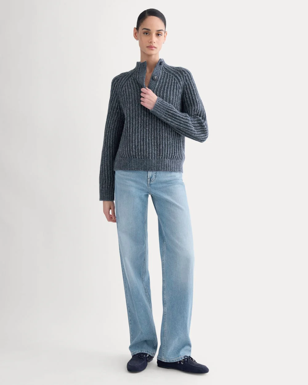Funnel-Neck Ribbed Henley Sweater | Indigo - Image 3