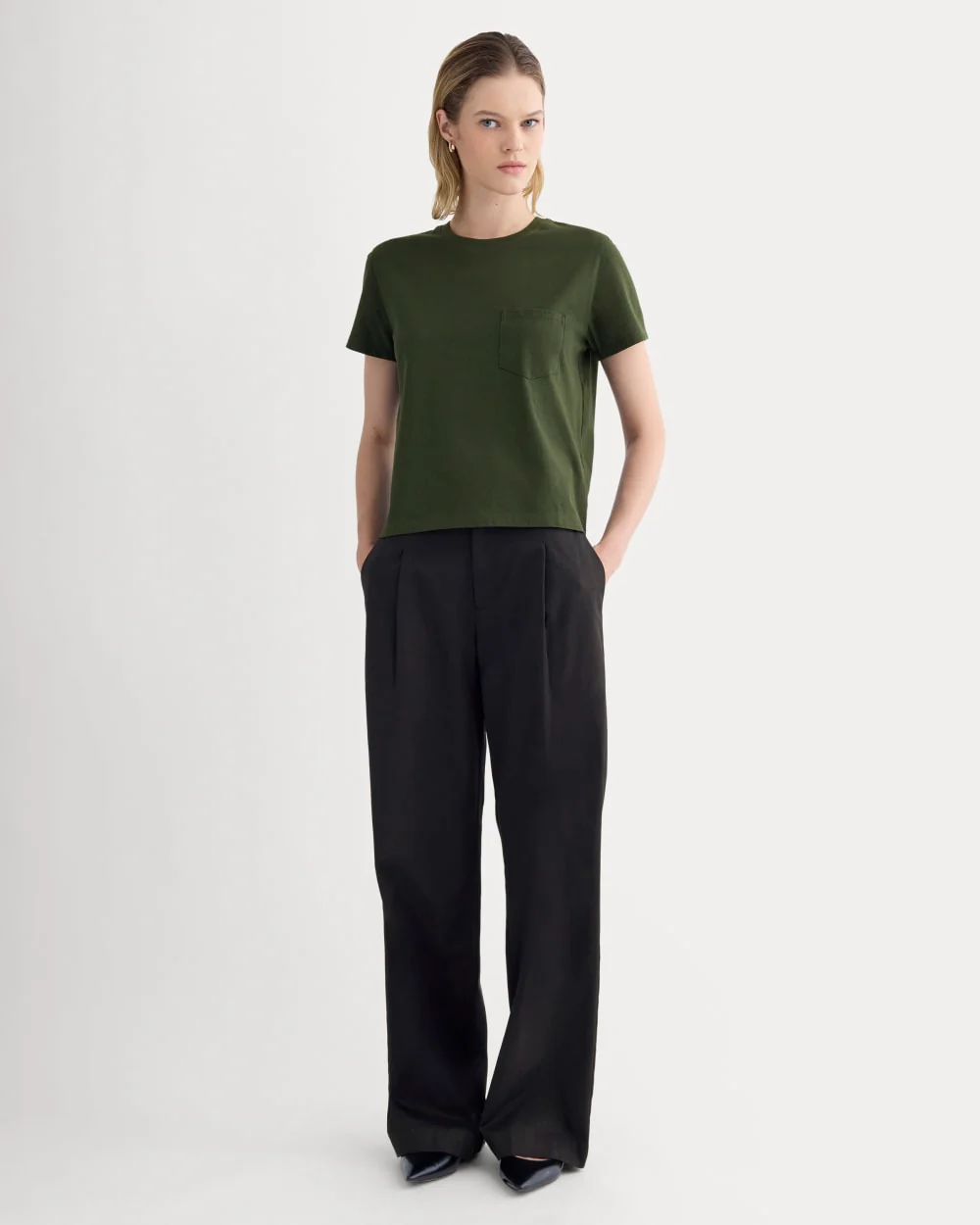 The Box-Cut Tee in Essential Cotton | Dark Green | Pocket - Image 3