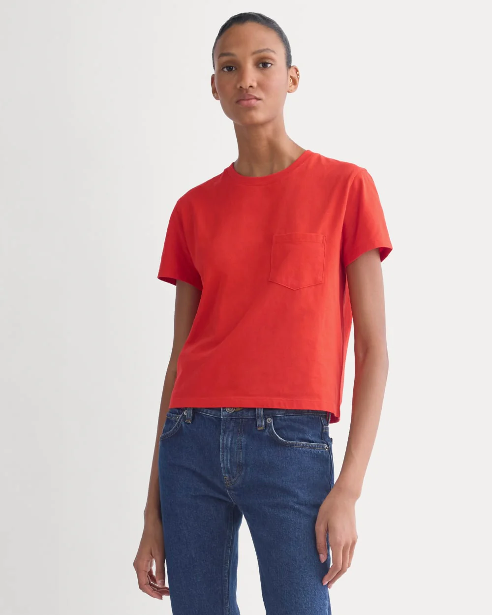 The Box-Cut Tee in Essential Cotton | Fiery Red | Pocket - Image 4