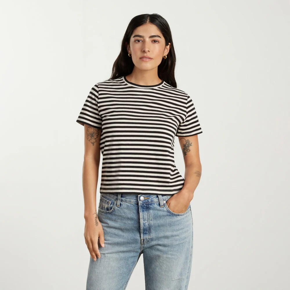 The Box-Cut Tee in Essential Cotton | Sandstone / Black | No Pocket - Image 2