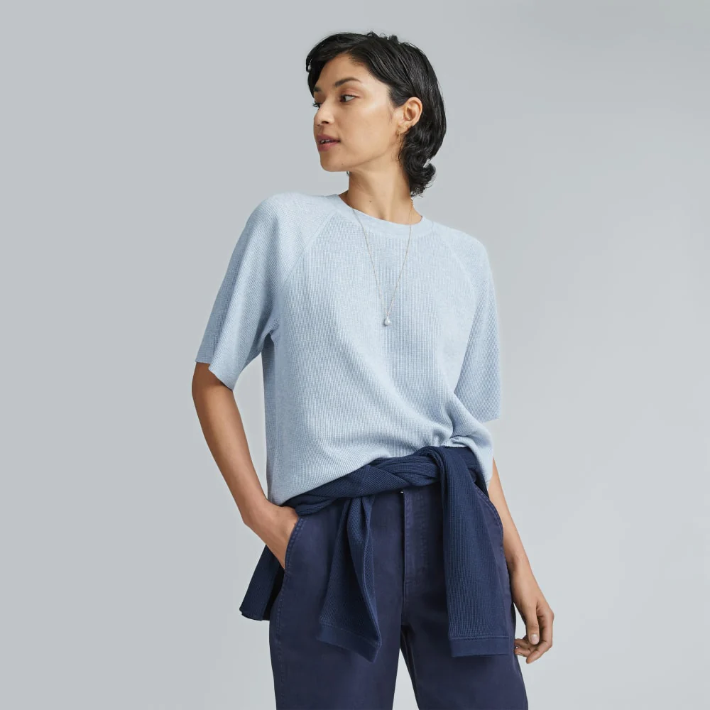 The Organic Cotton Waffle Raglan Tee | Heathered Light Blue