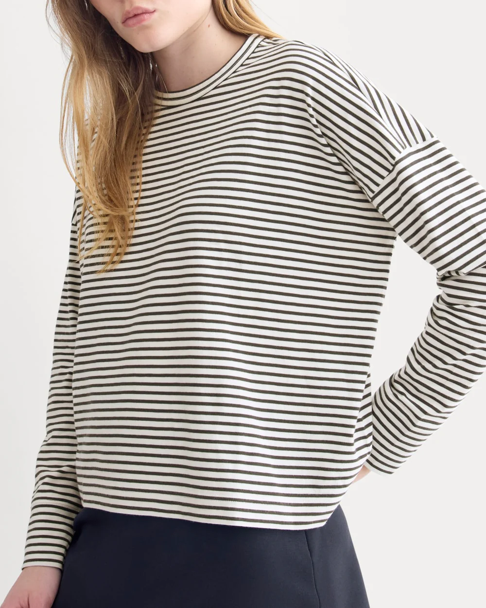Oversized Boxy Crew in Essential Cotton | Bone / Pirate Black Stripe - Image 4