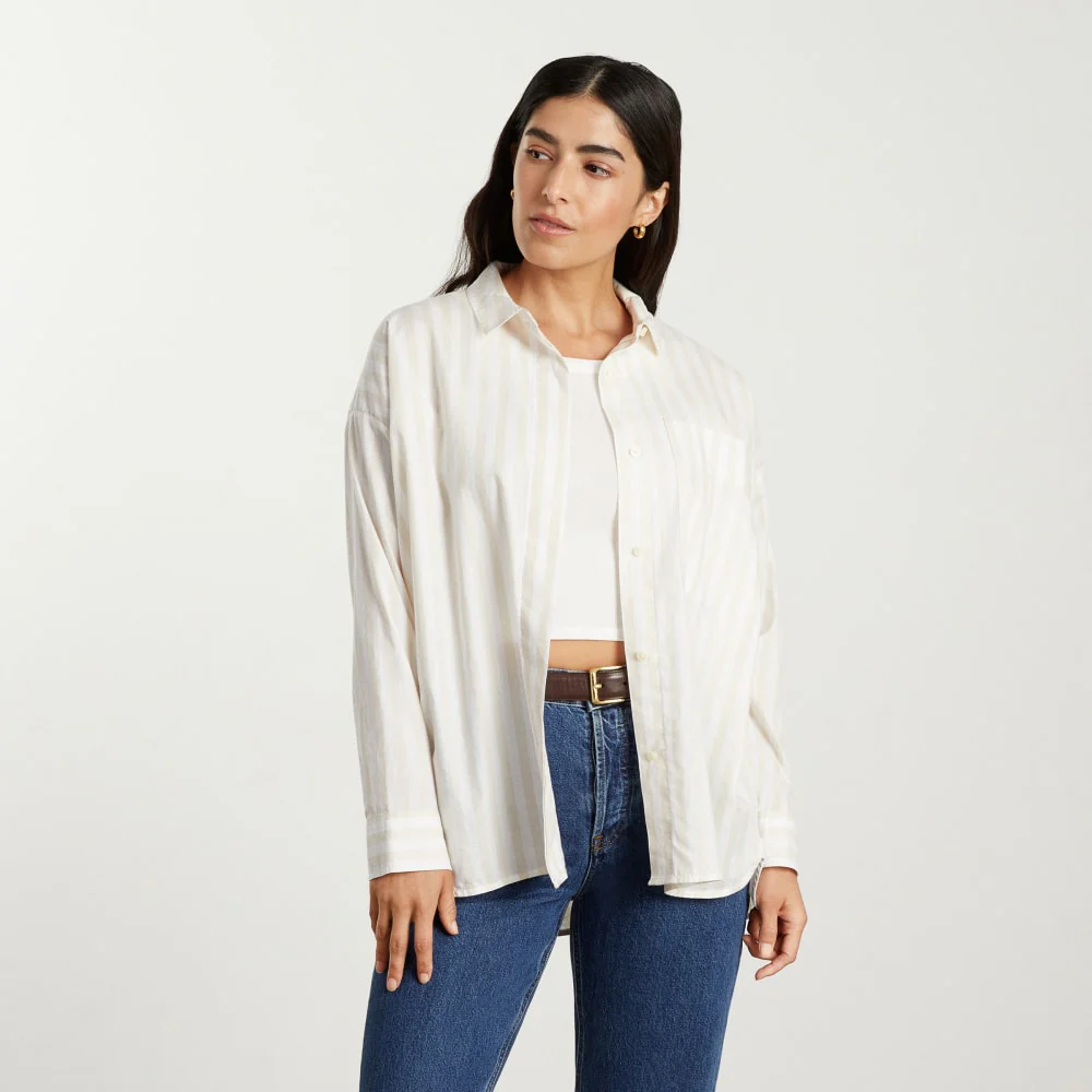 The Oversized Silky Cotton Shirt | Sand / White - Image 2