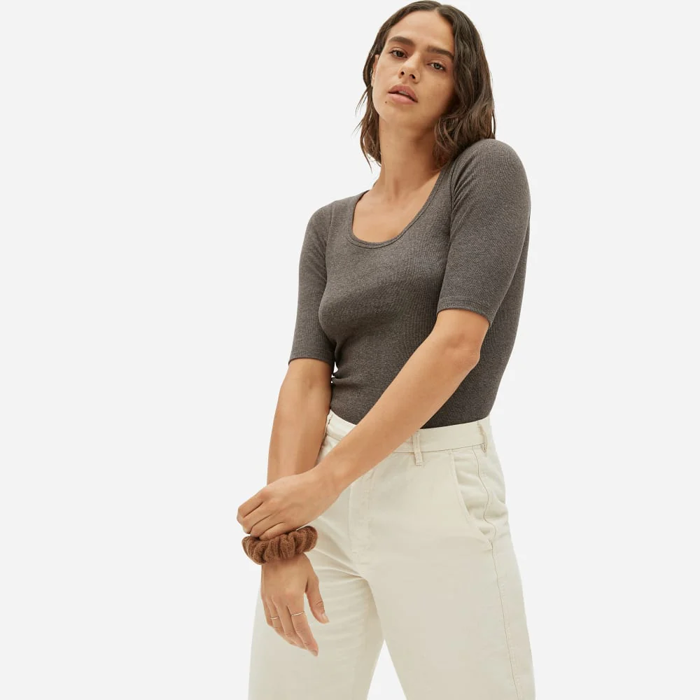 The Luxe Micro-Rib Scoop-Neck Tee | Heathered Fatigue - Image 2