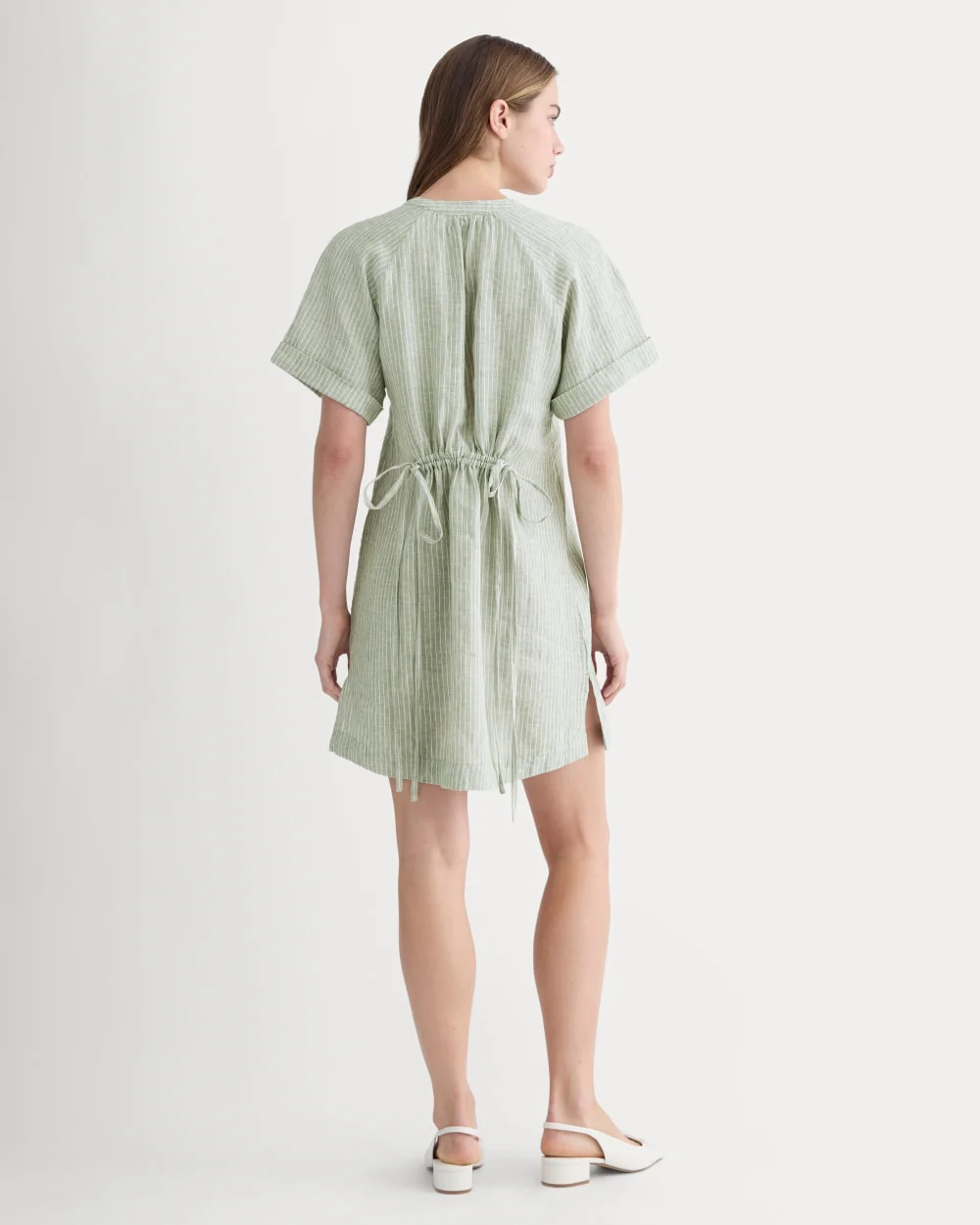 The Popover Dress in Linen | Oil Green / White - Image 5