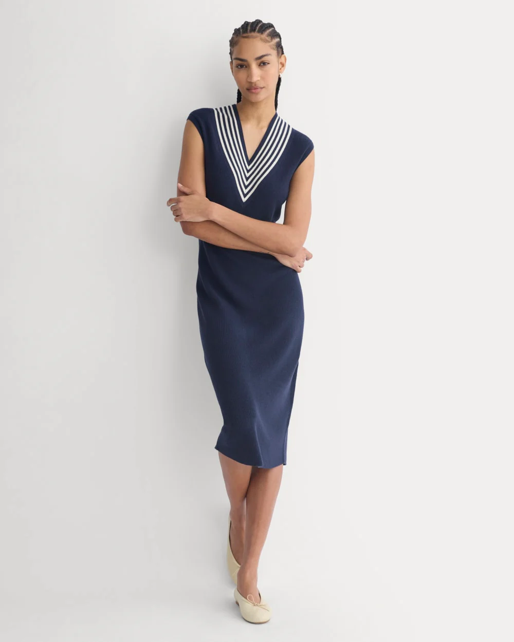 Relaxed V-Neck Midi Sweater Dress in Cotton Merino | Navy - Image 3