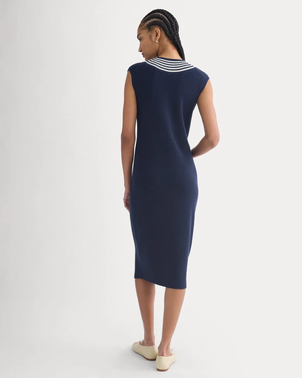 Relaxed V-Neck Midi Sweater Dress in Cotton Merino | Navy - Image 5
