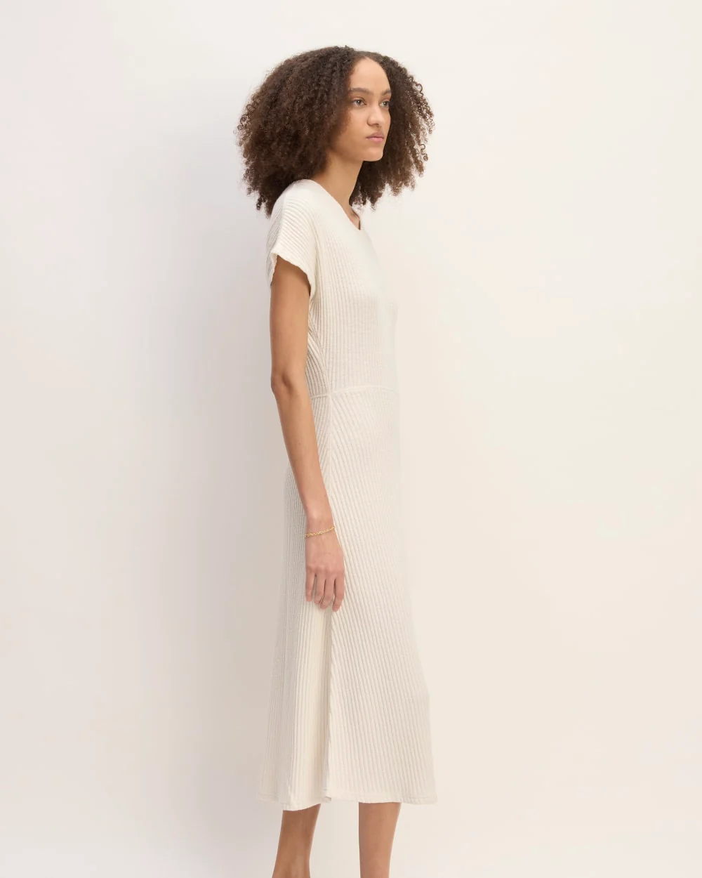 The Rib-Knit Cap-Sleeve Midi Dress | Bone - Image 3
