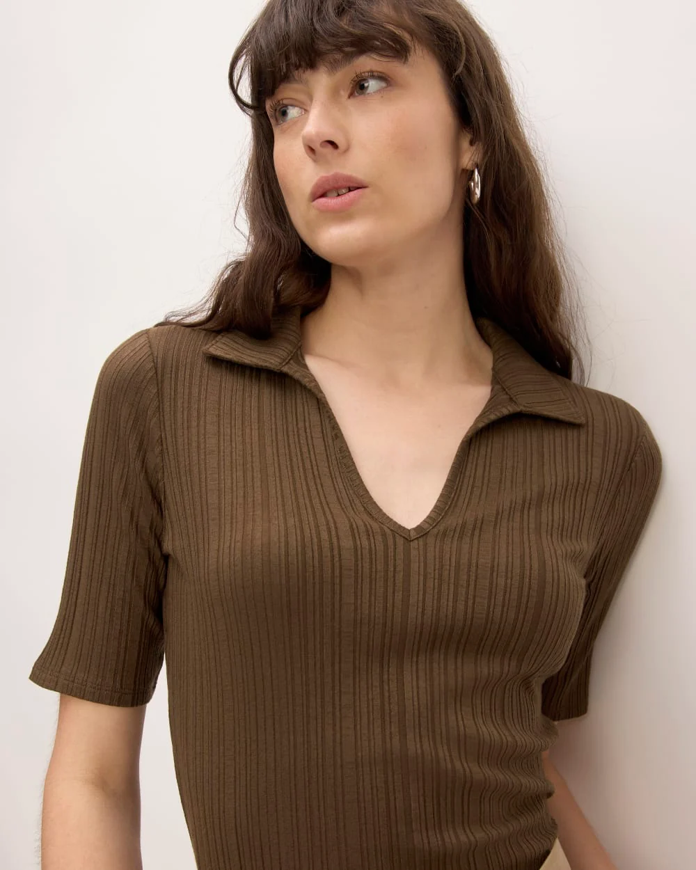 The Rib Soft Knit Open Collar Polo | Cocoa - Image 4
