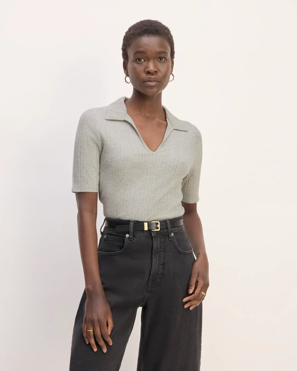 The Rib Soft Knit Open Collar Polo | Heathered Grey
