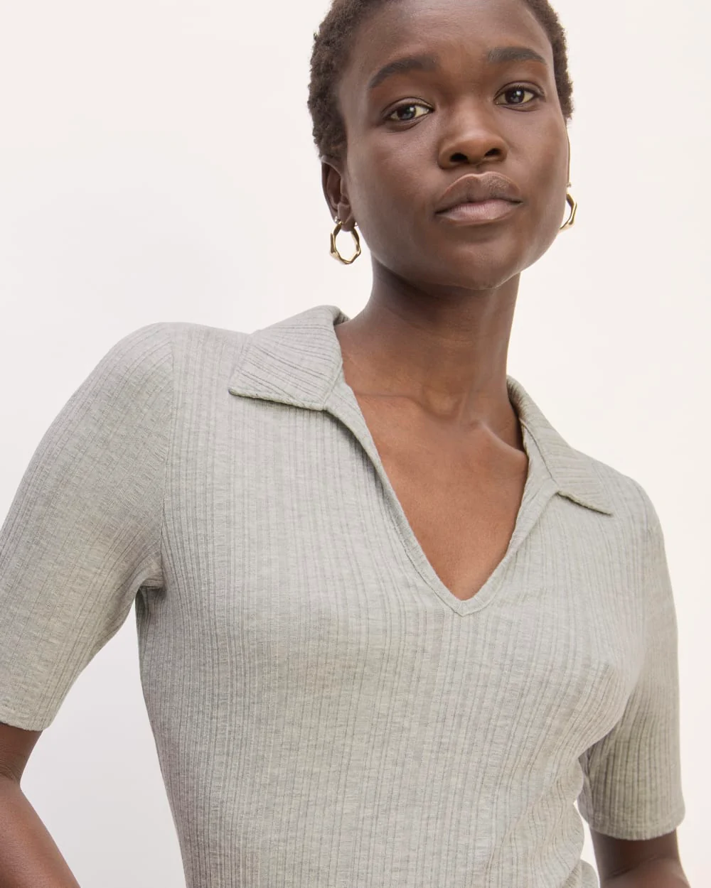 The Rib Soft Knit Open Collar Polo | Heathered Grey - Image 4