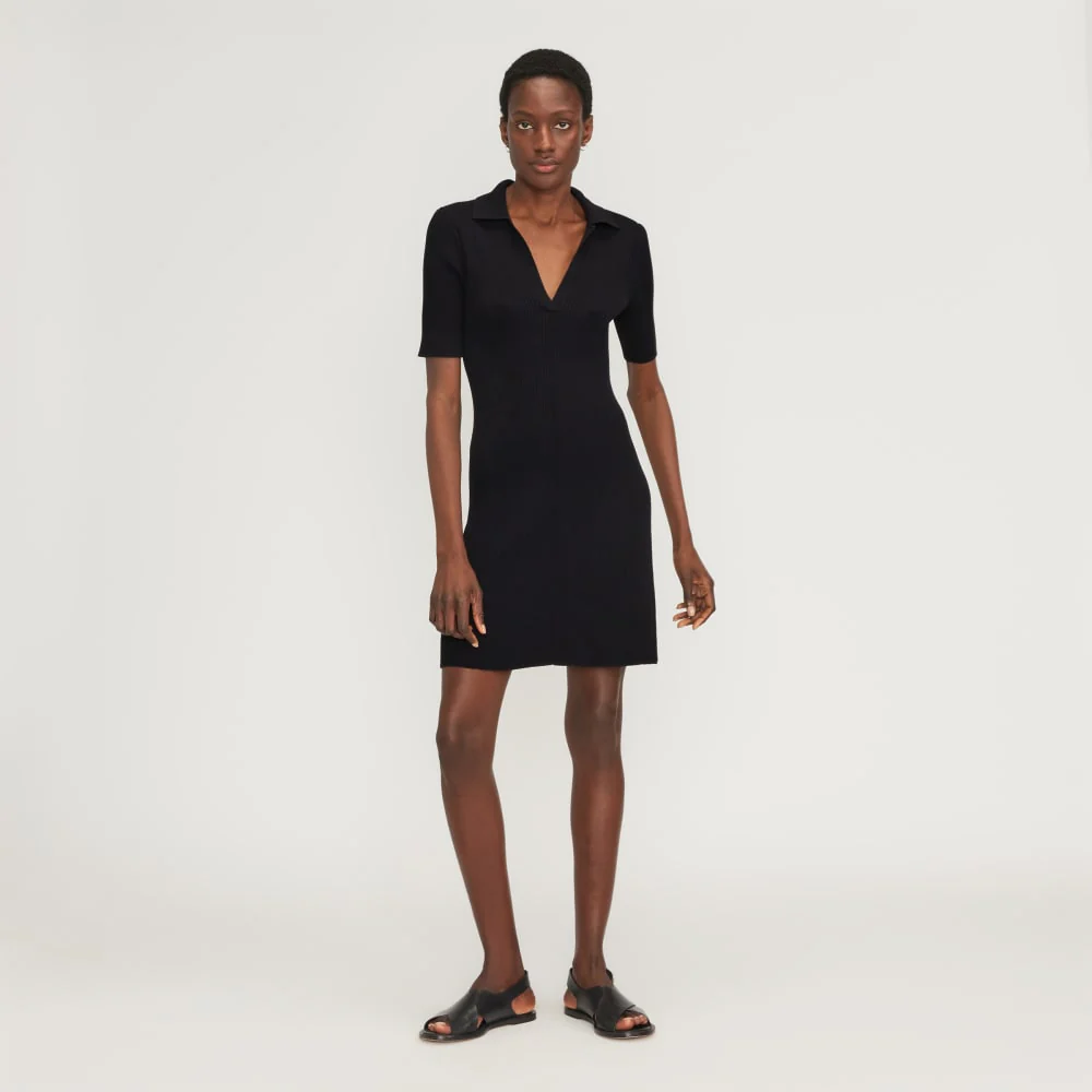 The Ribbed Short-Sleeve Polo Dress | Black