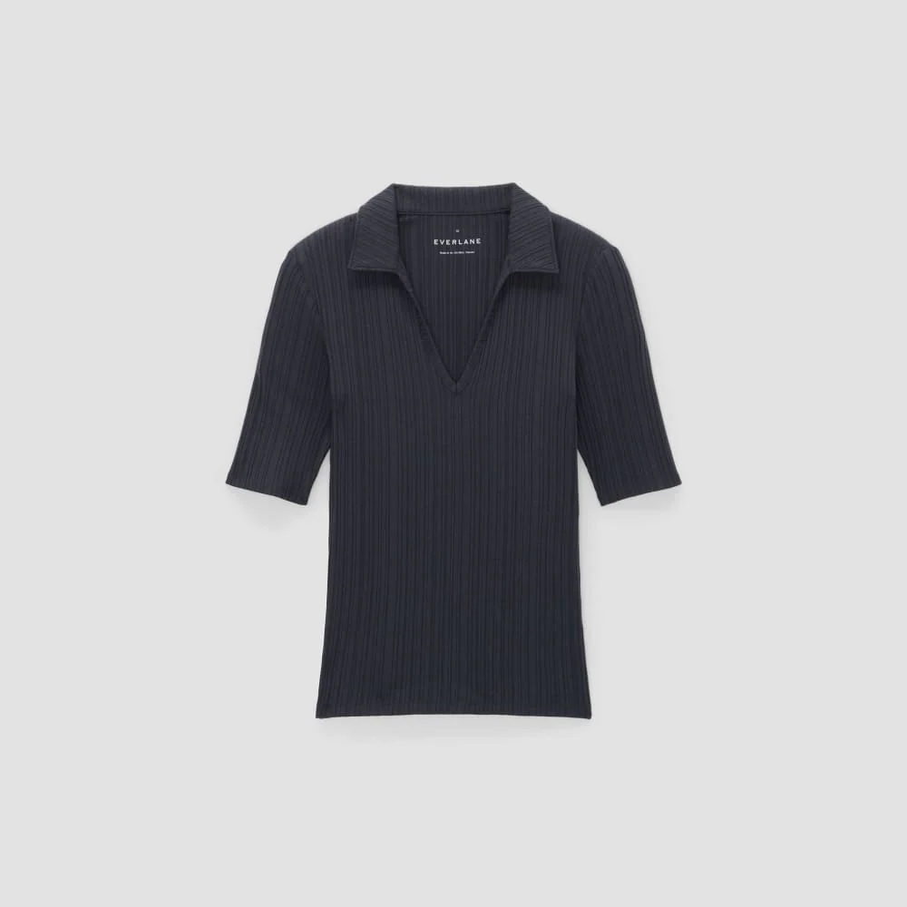 The Rib Soft Knit Open Collar Polo | Navy - Image 2