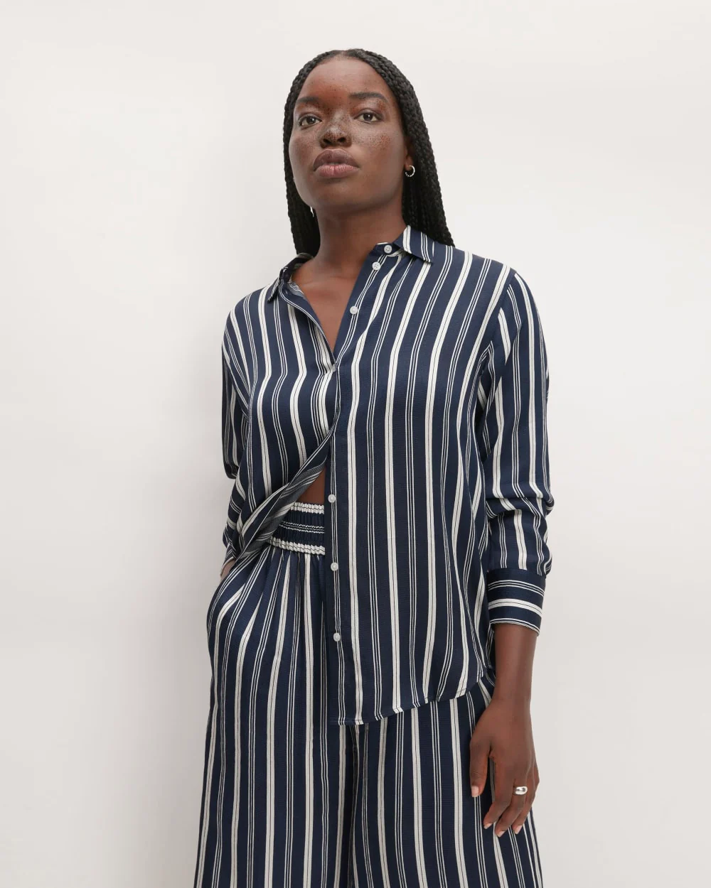 The Satin Relaxed Shirt | Navy / Bone