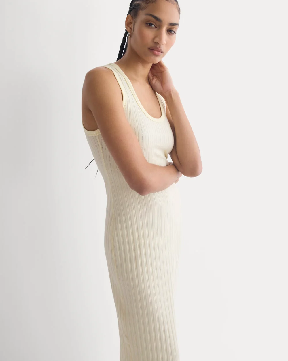 Scoop-Neck Midi Dress in Pointelle Knit | Lemon Icing - Image 3