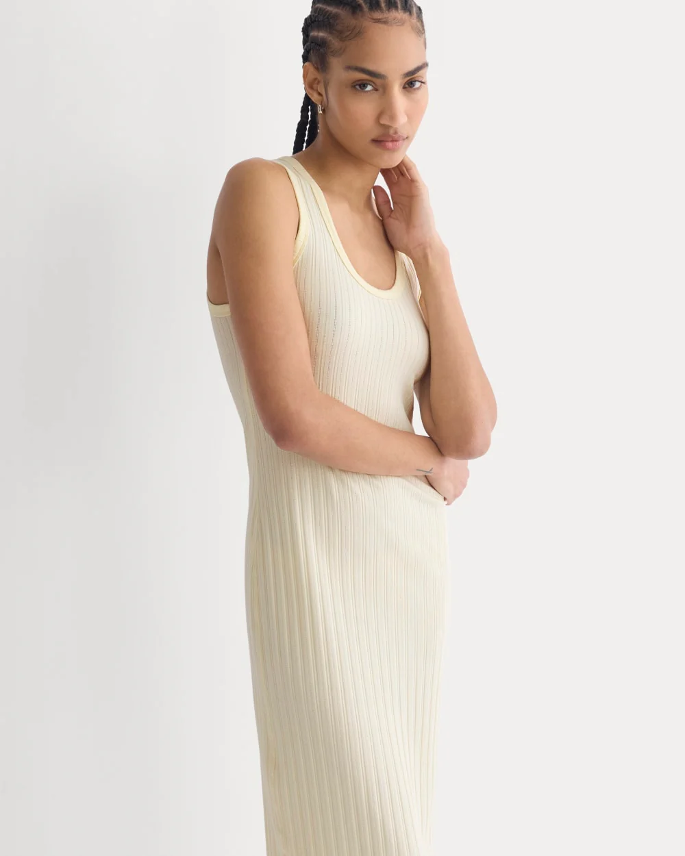 Scoop-Neck Midi Dress in Pointelle Knit | Lemon Icing - Image 5
