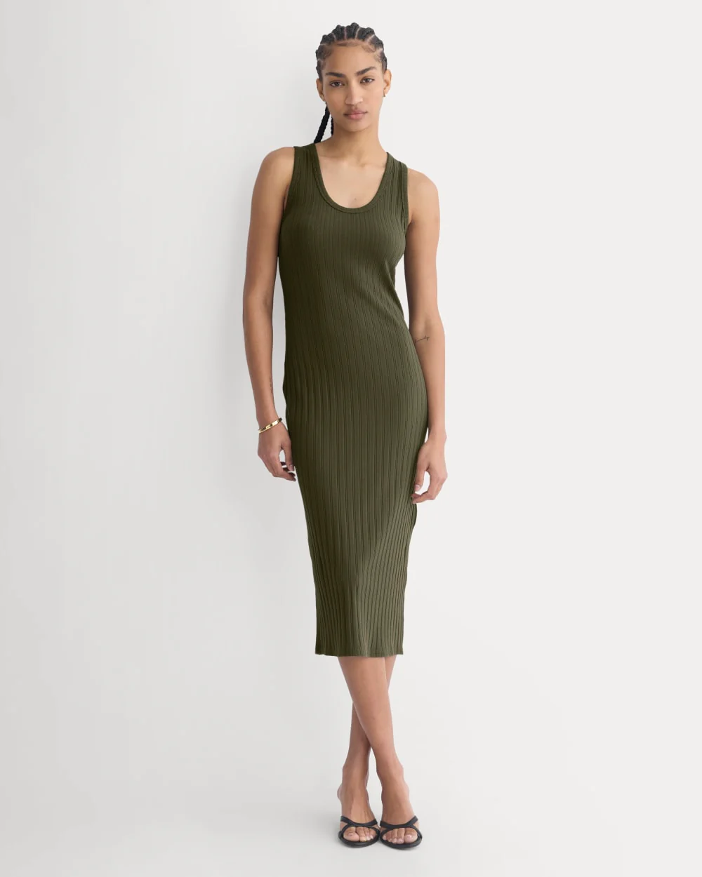 Scoop-Neck Midi Dress in Pointelle Knit | Olive Night