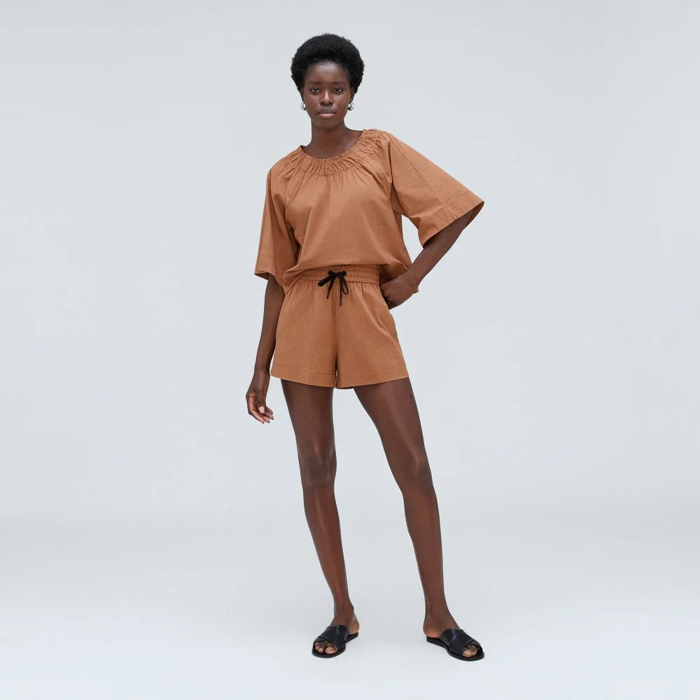 The Seersucker Gathered Tee | Tawny Brown - Image 5