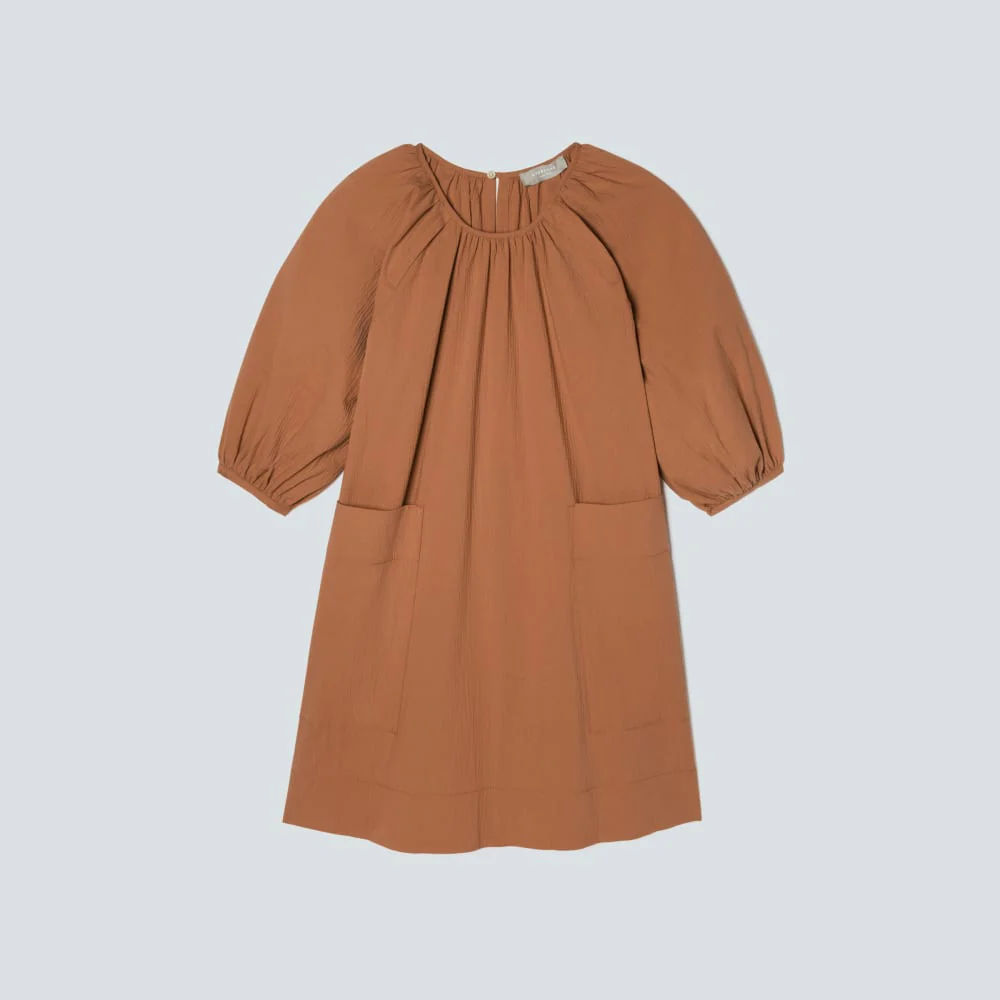 The Seersucker Puff Sleeve Dress | Tawny Brown