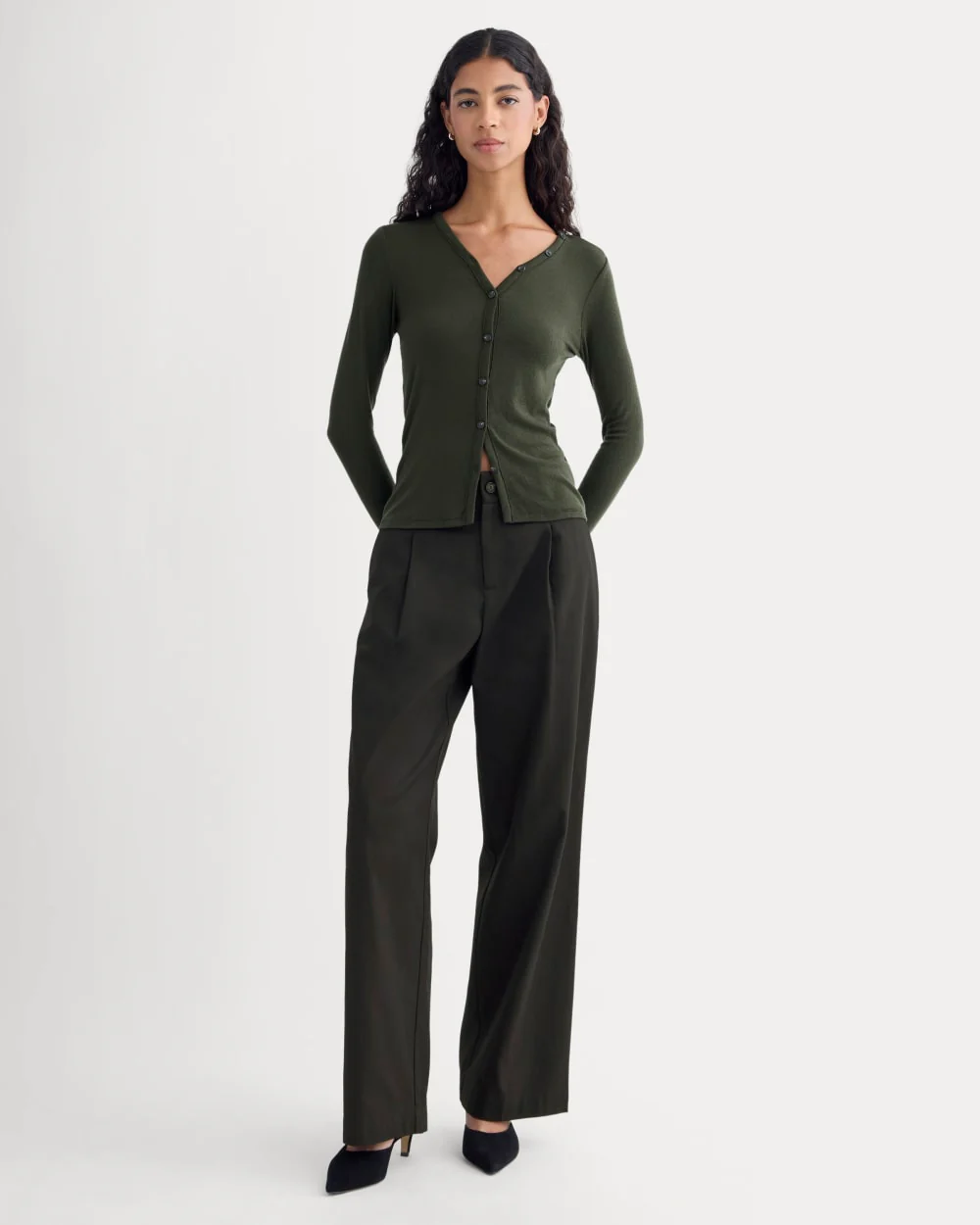 Sheer V-Neck Cardigan in Butterluxe | Dark Green - Image 3