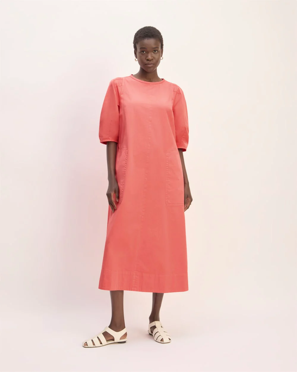 The Short-Sleeve Puff Midi Dress | Coral