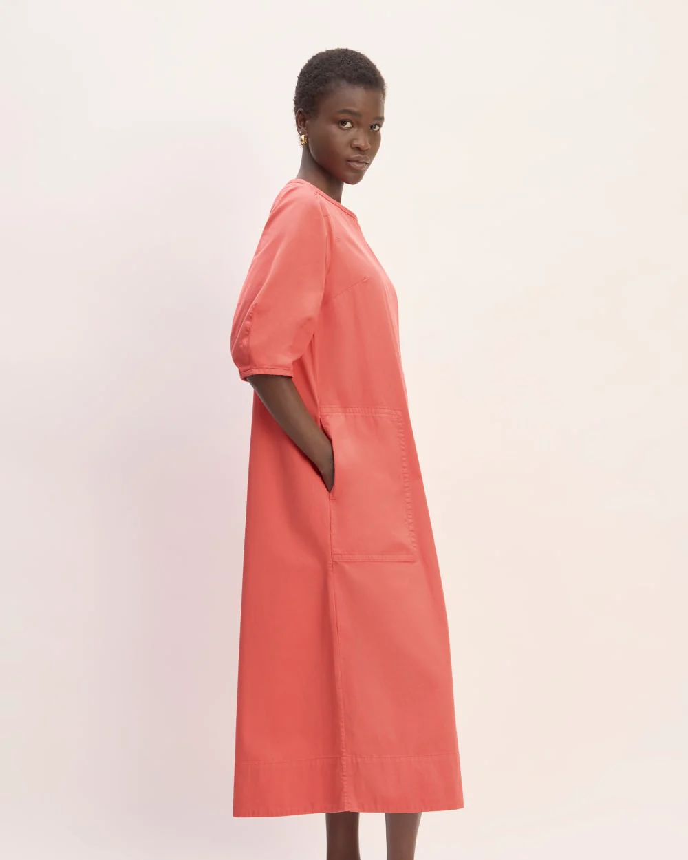 The Short-Sleeve Puff Midi Dress | Coral - Image 3
