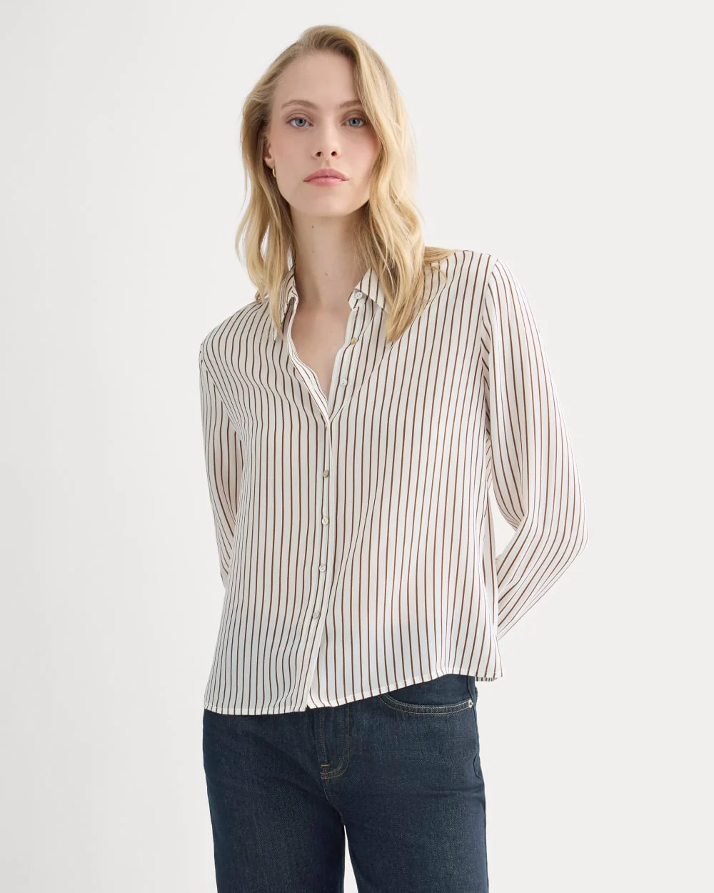 Shrunken Top in Washable Silk | Bone / Toffee Stripe - Image 3