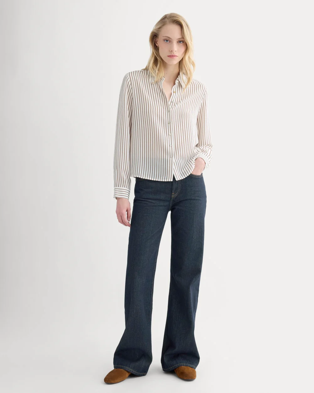 Shrunken Top in Washable Silk | Bone / Toffee Stripe - Image 4