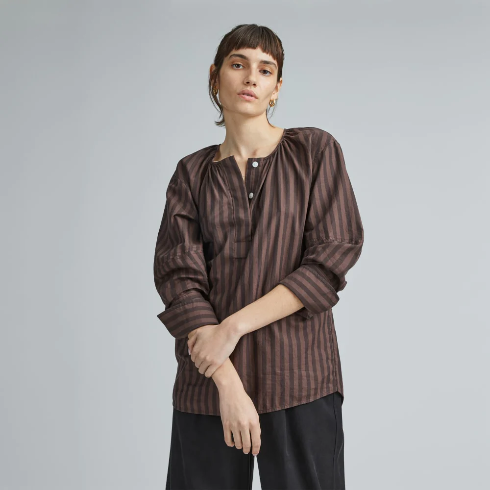 The Silky Cotton Balloon Sleeve Top | Chocolate Brown / Black
