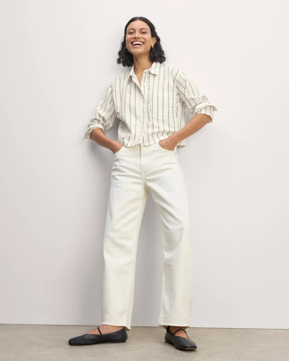 The Way-Short Shirt in Silky Cotton | Bone / Black - Image 3